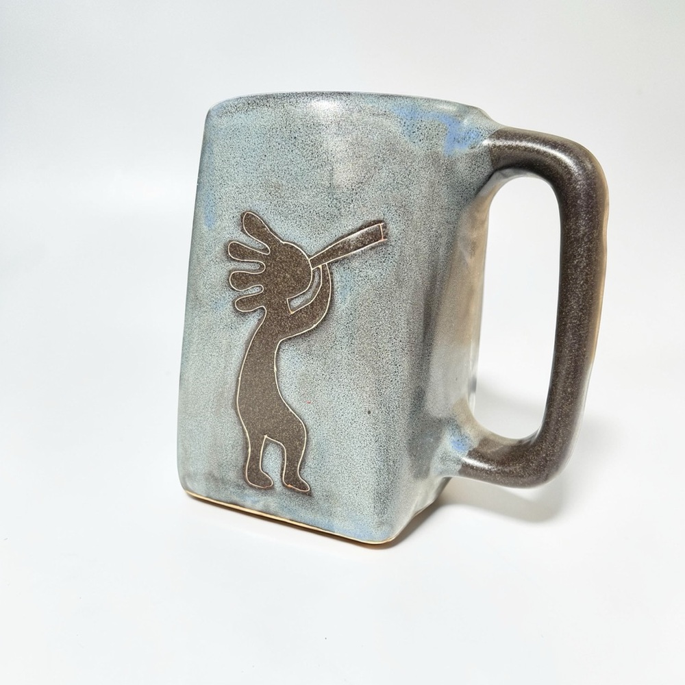 Mara Mexico Kokopelli Blue Heavy Pottery Square Mug Cup Hand Crafted Signed - Picture 3 of 6